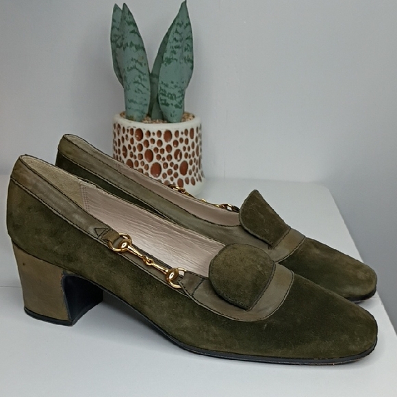 Gucci Shoes - Vintage Gucci Olive Green Suede Block Kitten Heel Loafers Size 37 6.5 Vintage